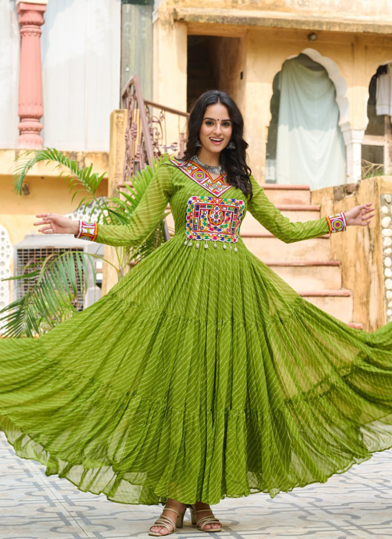 Amazing Parrot Green Georgette Gamthi Work Gown For Navratri Festival
