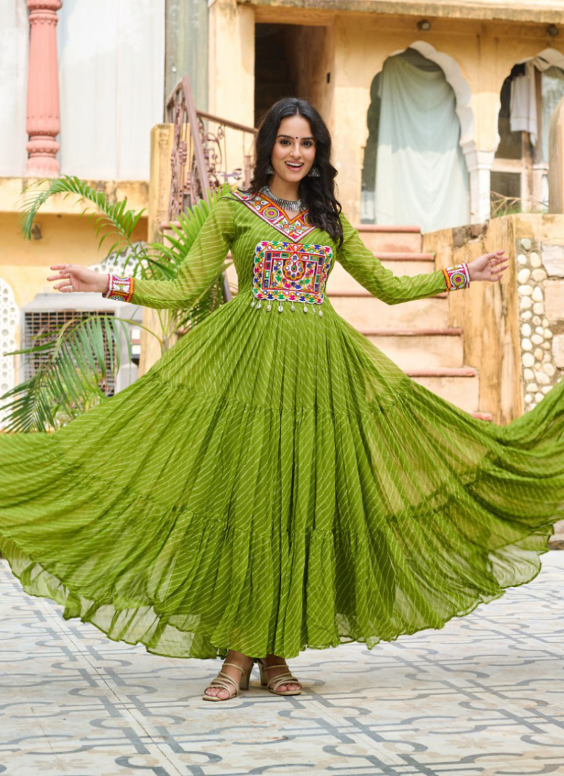 Amazing Parrot Green Georgette Gamthi Work Gown For Navratri Festival