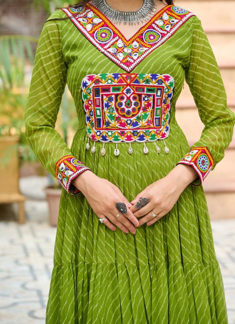 Amazing Parrot Green Georgette Gamthi Work Gown For Navratri Festival