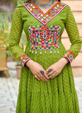 Amazing Parrot Green Georgette Gamthi Work Gown For Navratri Festival