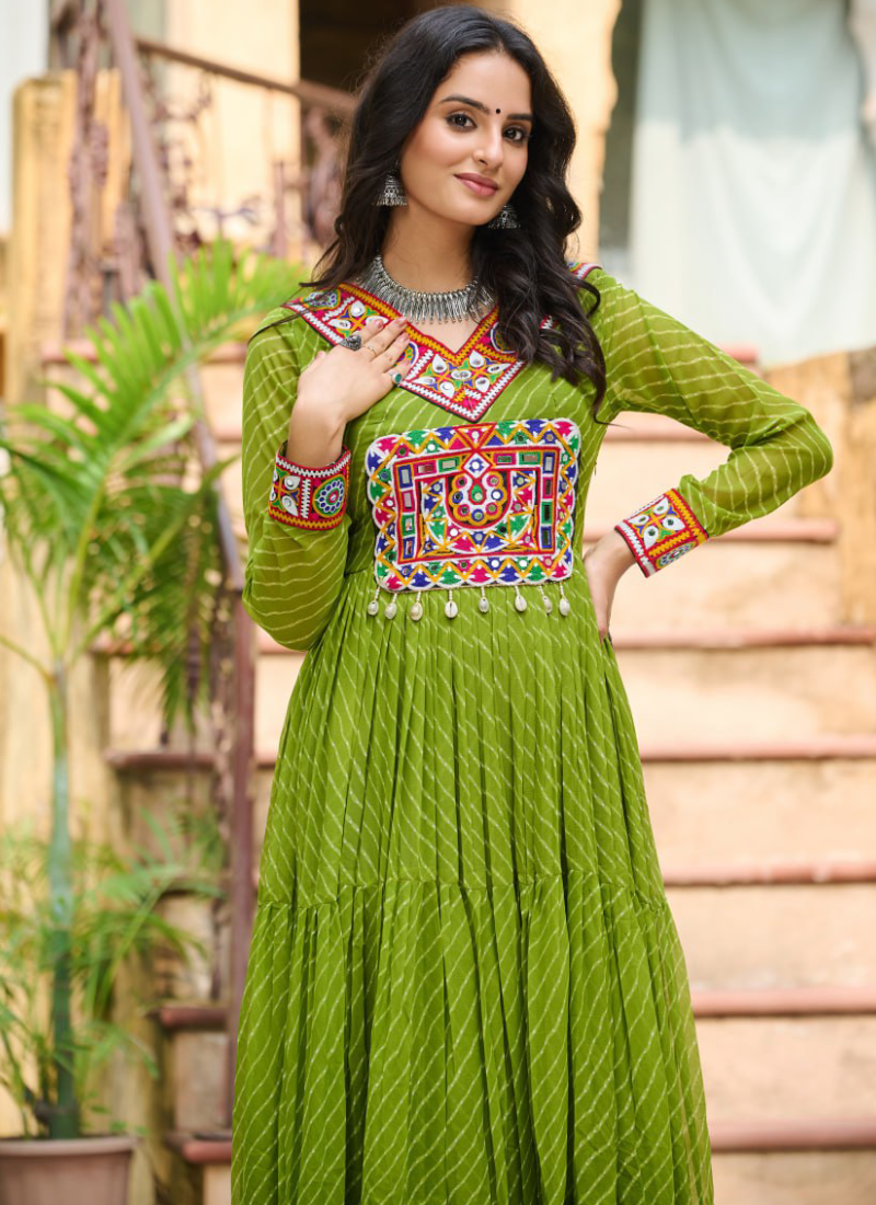 Amazing Parrot Green Georgette Gamthi Work Gown For Navratri Festival tapee.in Amazing Parrot Green Georgette Gamthi Work Gown For Navratri Festival tapee.in