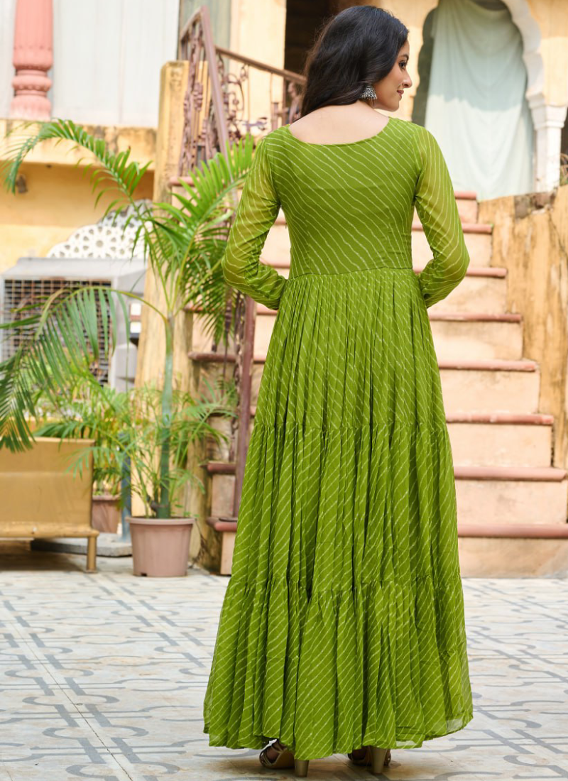 Amazing Parrot Green Georgette Gamthi Work Gown For Navratri Festival