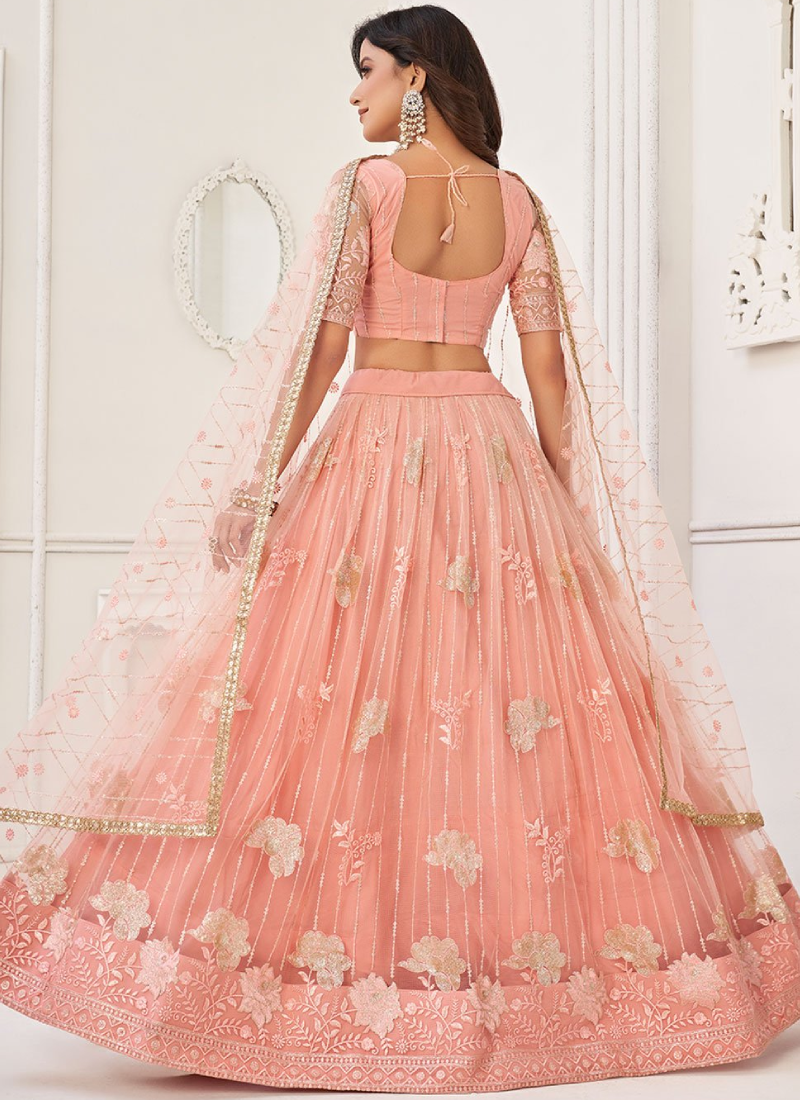 Glamorous Peach Embroidered Net Lehenga Choli For Wedding