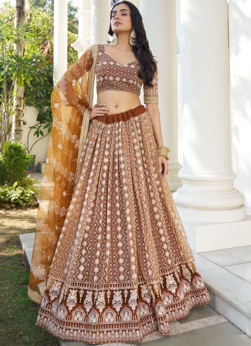 Amazing Sequence Work Net Brown Sangeet Function Lehenga Choli