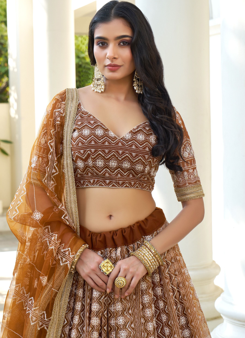 Amazing Sequence Work Net Brown Sangeet Function Lehenga Choli