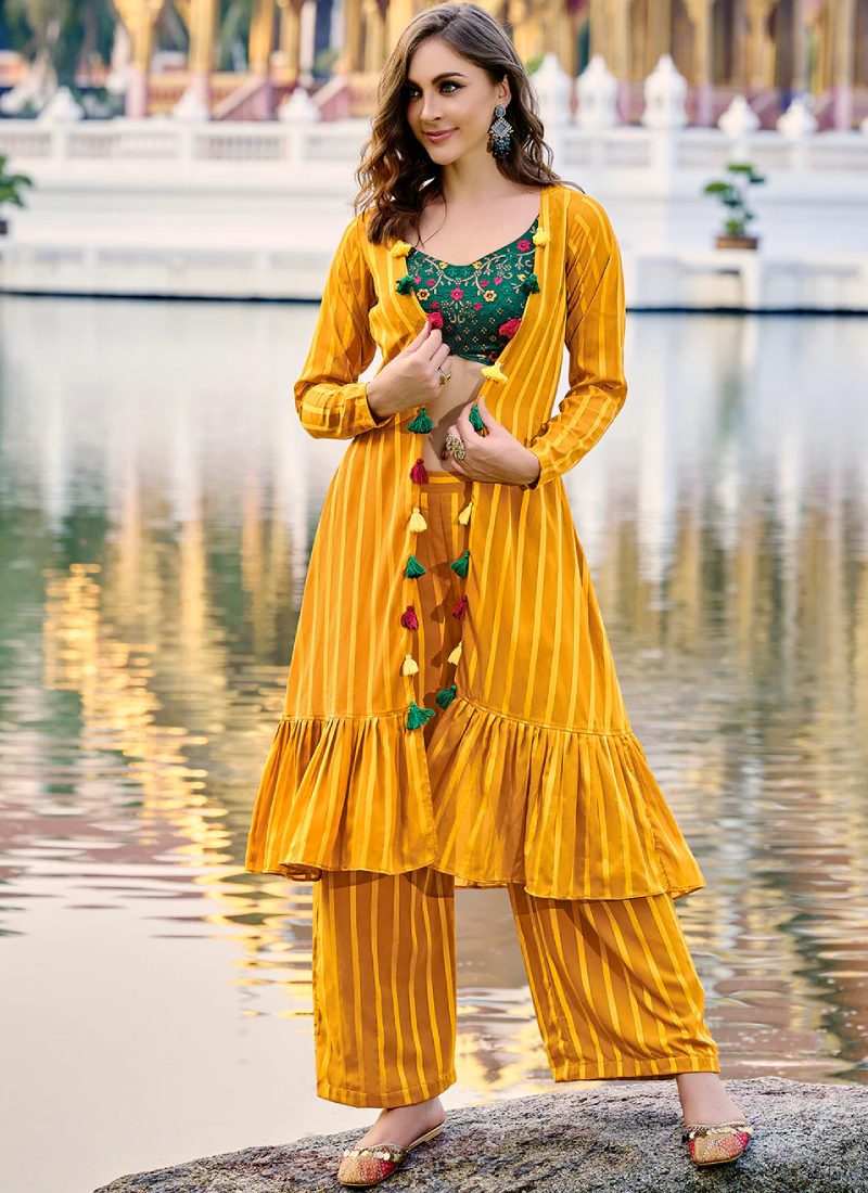 Amazing Yellow Georgette Embroidered Palazzo Suit With Koti