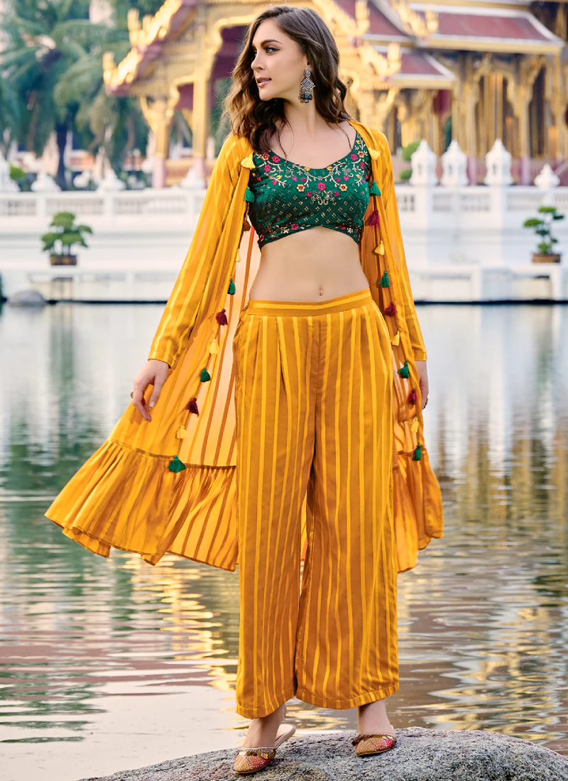 Amazing Yellow Georgette Embroidered Palazzo Suit With Koti