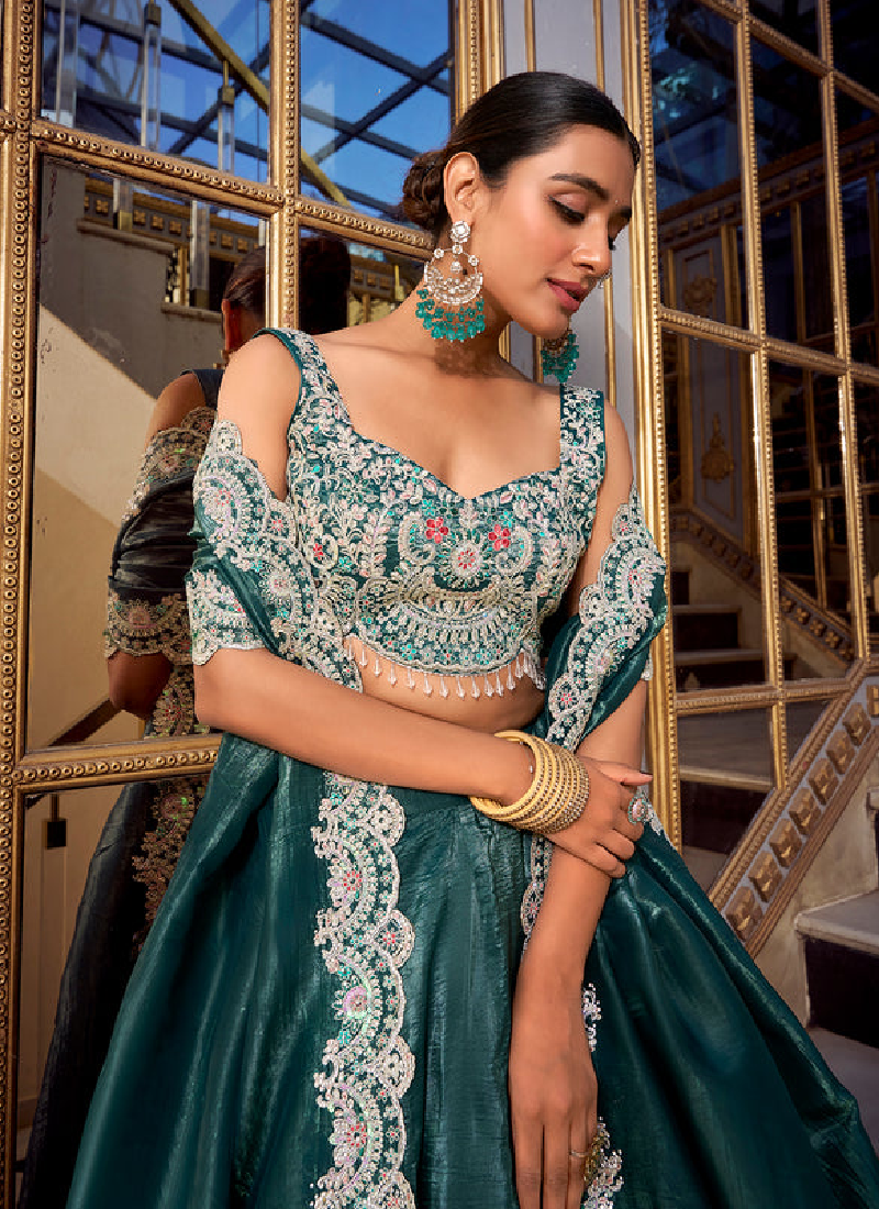 Amazing Silk Plain Teal Green Lehenga With Sequence Embroidered Blouse