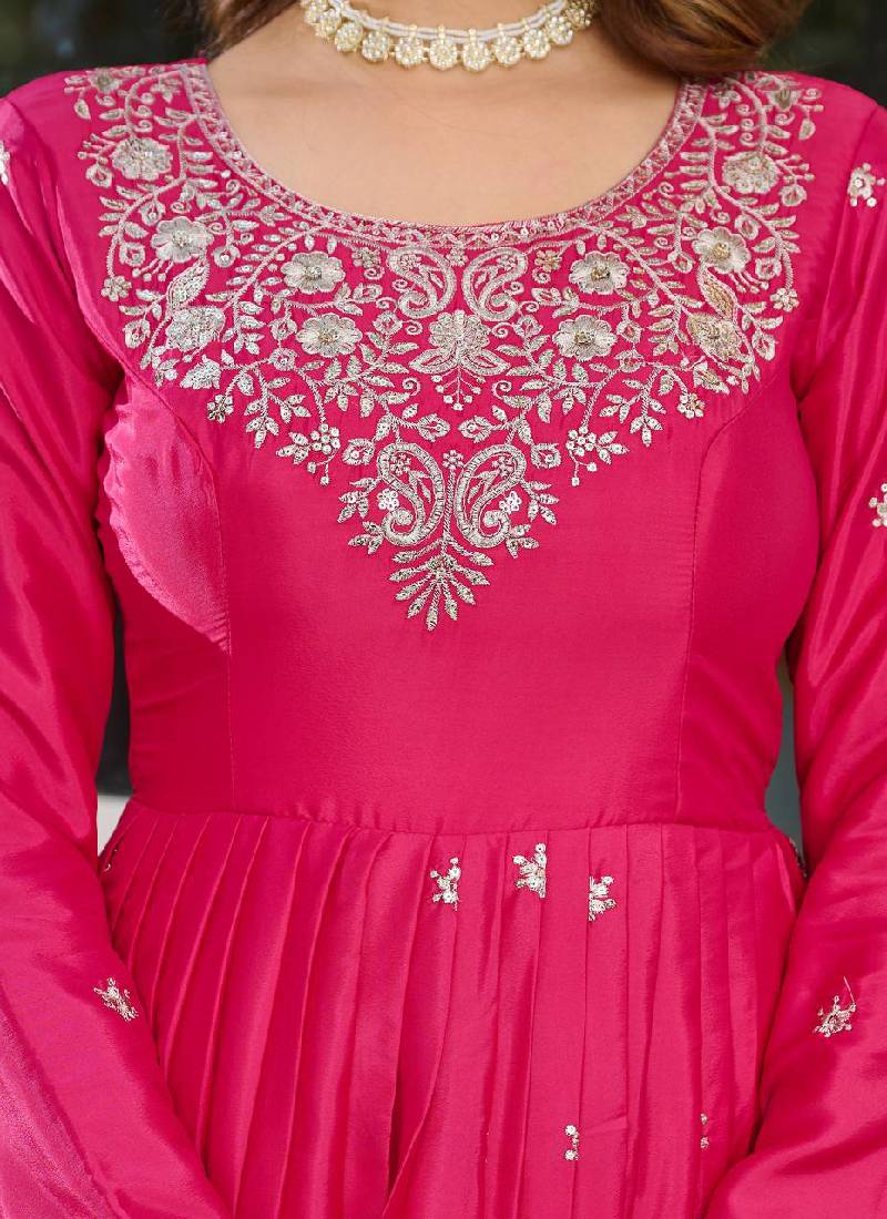 American Silk Pink Zari Embroidered Anarkali Suit Pant With Dupatta