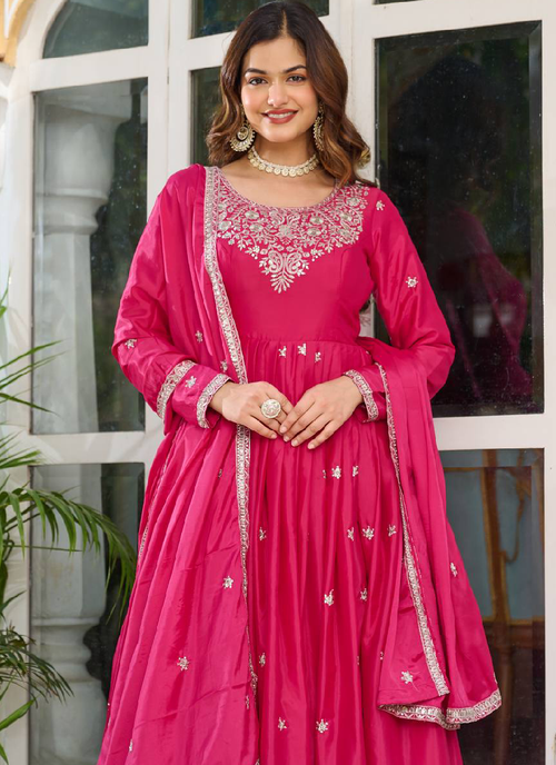 American Silk Pink Zari Embroidered Anarkali Suit Pant With Dupatta