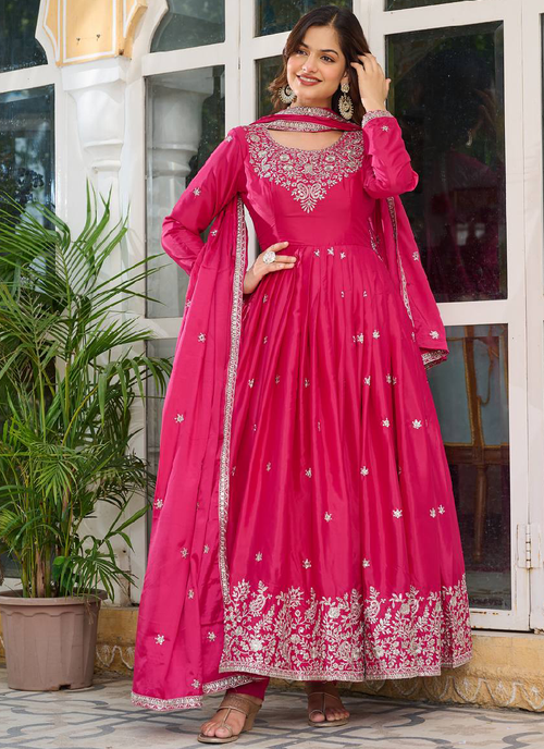 American Silk Pink Zari Embroidered Anarkali Suit Pant With Dupatta