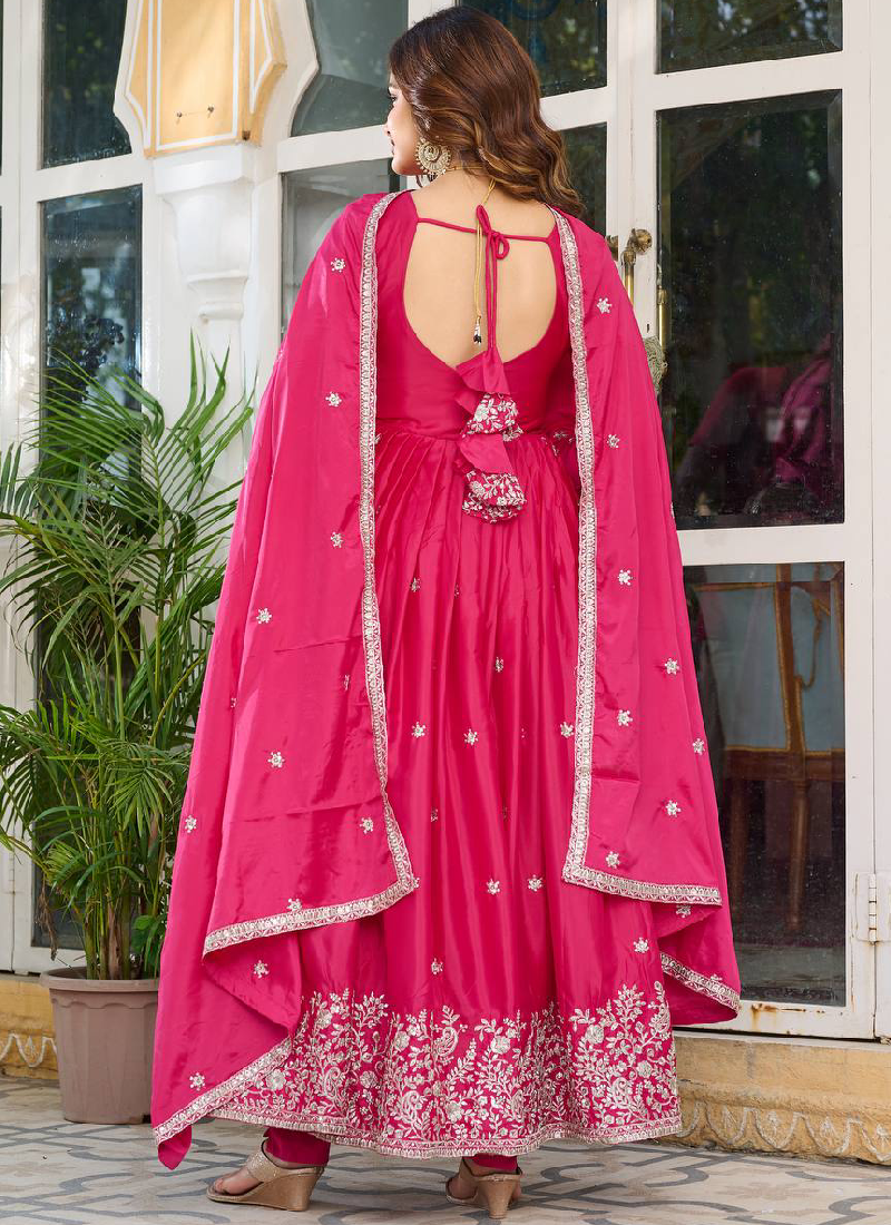 American Silk Pink Zari Embroidered Anarkali Suit Pant With Dupatta