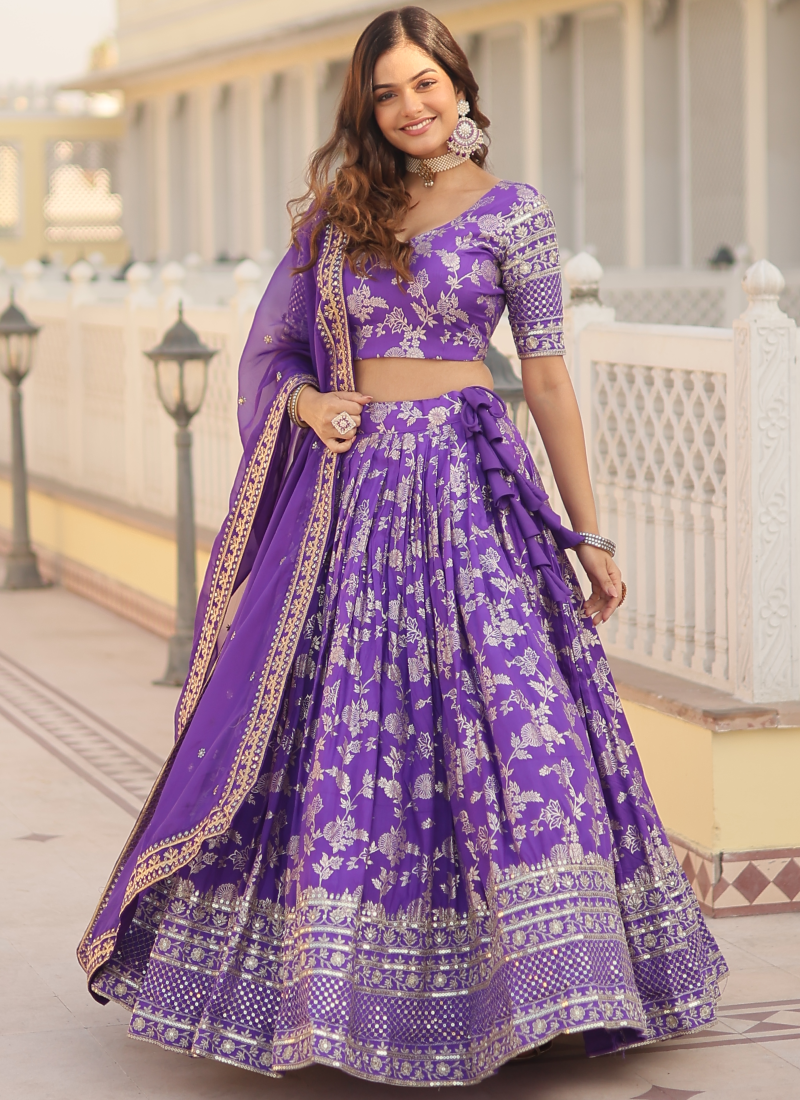 Appealing Lavender Sequence Viscose Jacquard Wedding Lehenga Choli