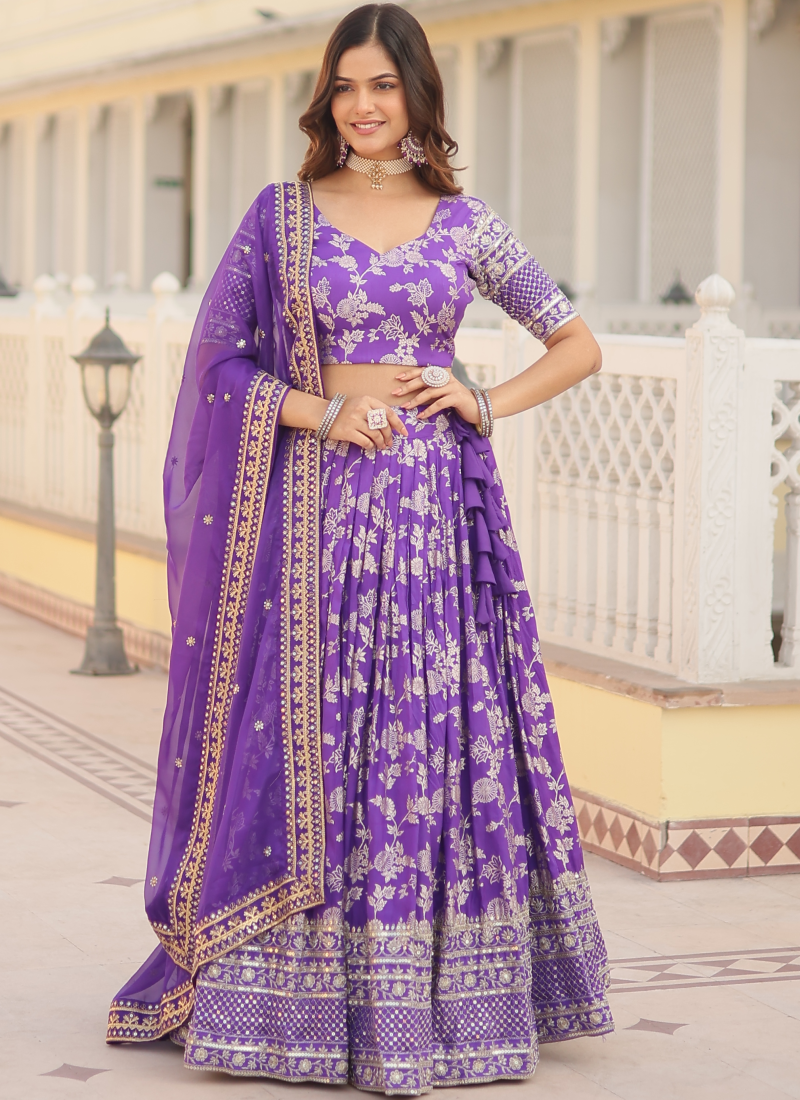 Appealing Lavender Sequence Viscose Jacquard Wedding Lehenga Choli