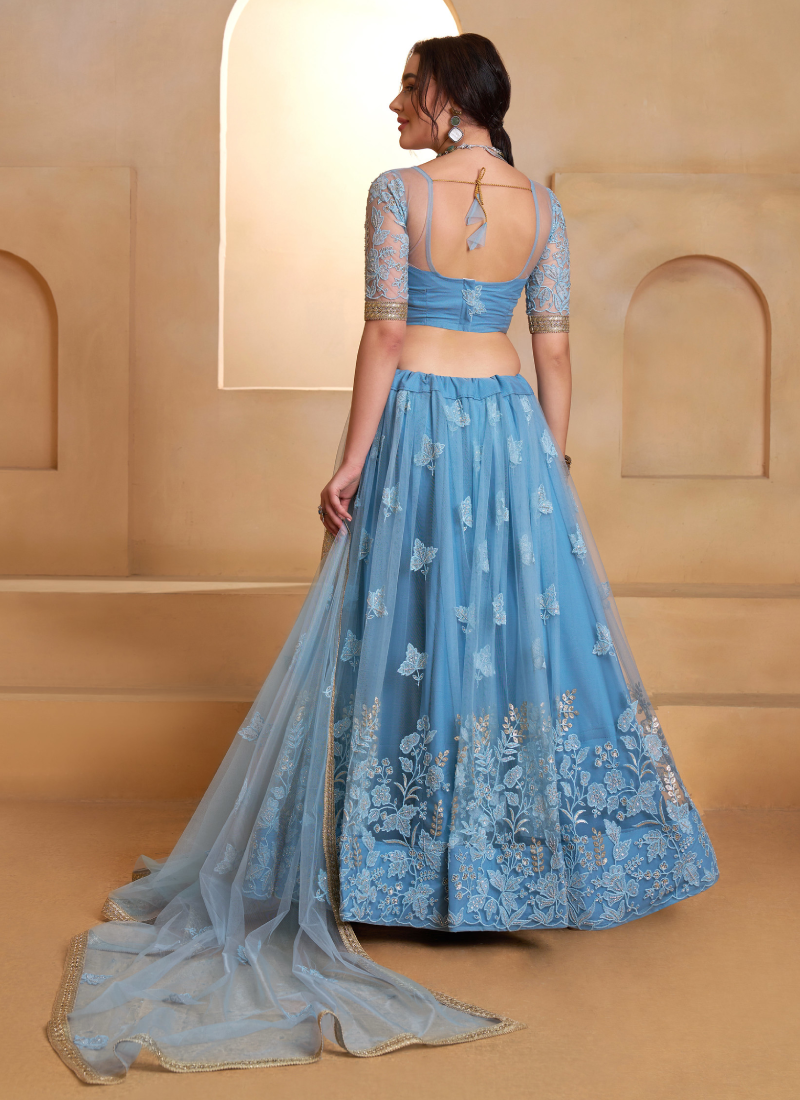 Appealing Mint Blue Thread And Beads Work Net Lehenga Choli For Women