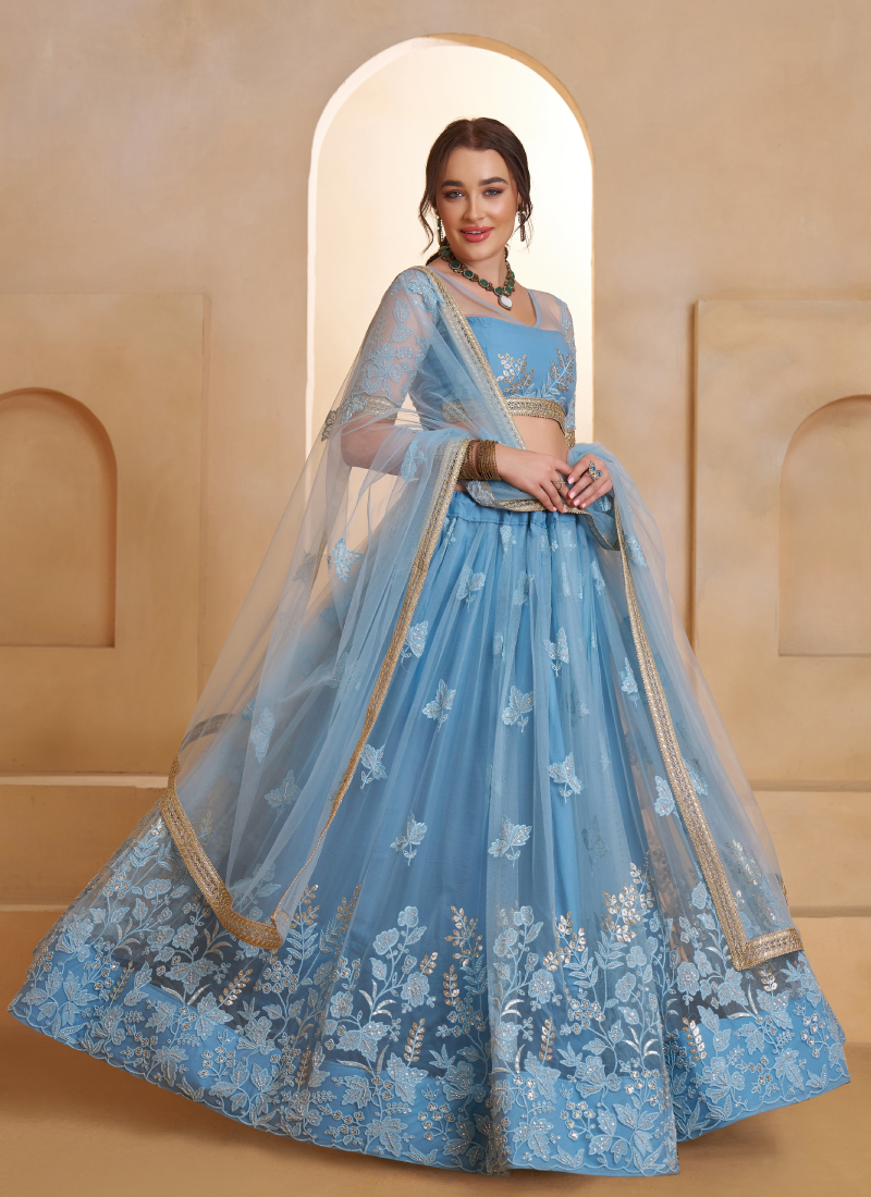 Appealing Mint Blue Thread And Beads Work Net Lehenga Choli For Women