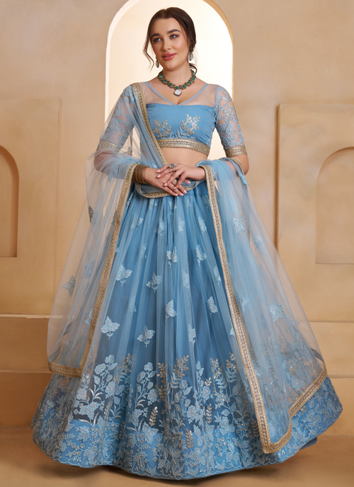 Appealing Mint Blue Thread And Beads Work Net Lehenga Choli For Women