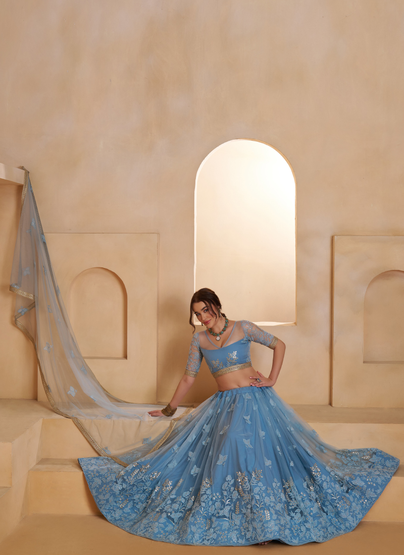 Appealing Mint Blue Thread And Beads Work Net Lehenga Choli For Women
