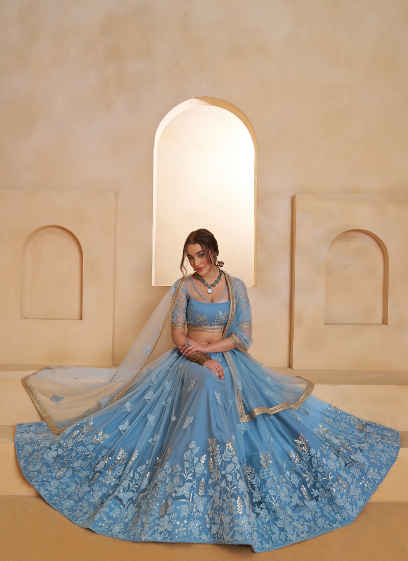Appealing Mint Blue Thread And Beads Work Net Lehenga Choli For Women