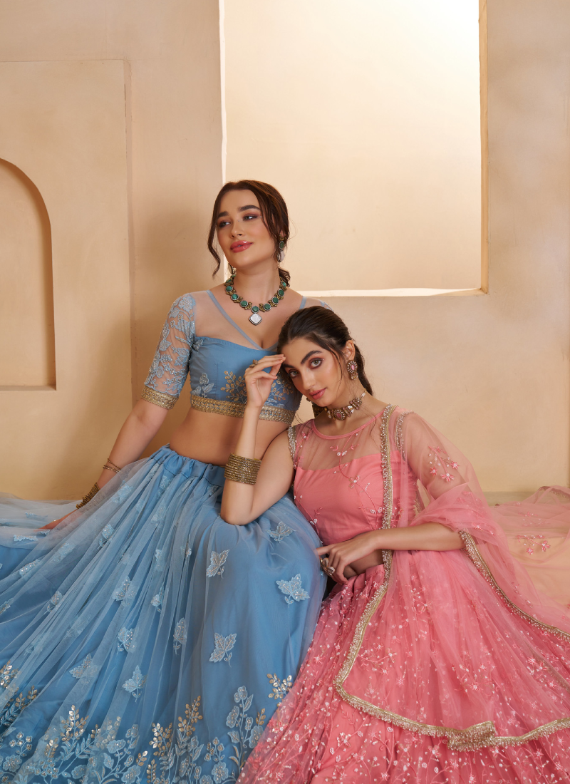 Appealing Mint Blue Thread And Beads Work Net Lehenga Choli For Women
