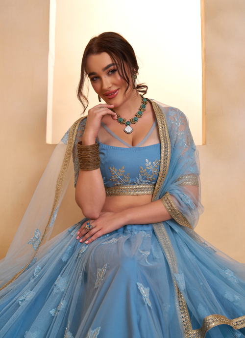Appealing Mint Blue Thread And Beads Work Net Lehenga Choli For Women