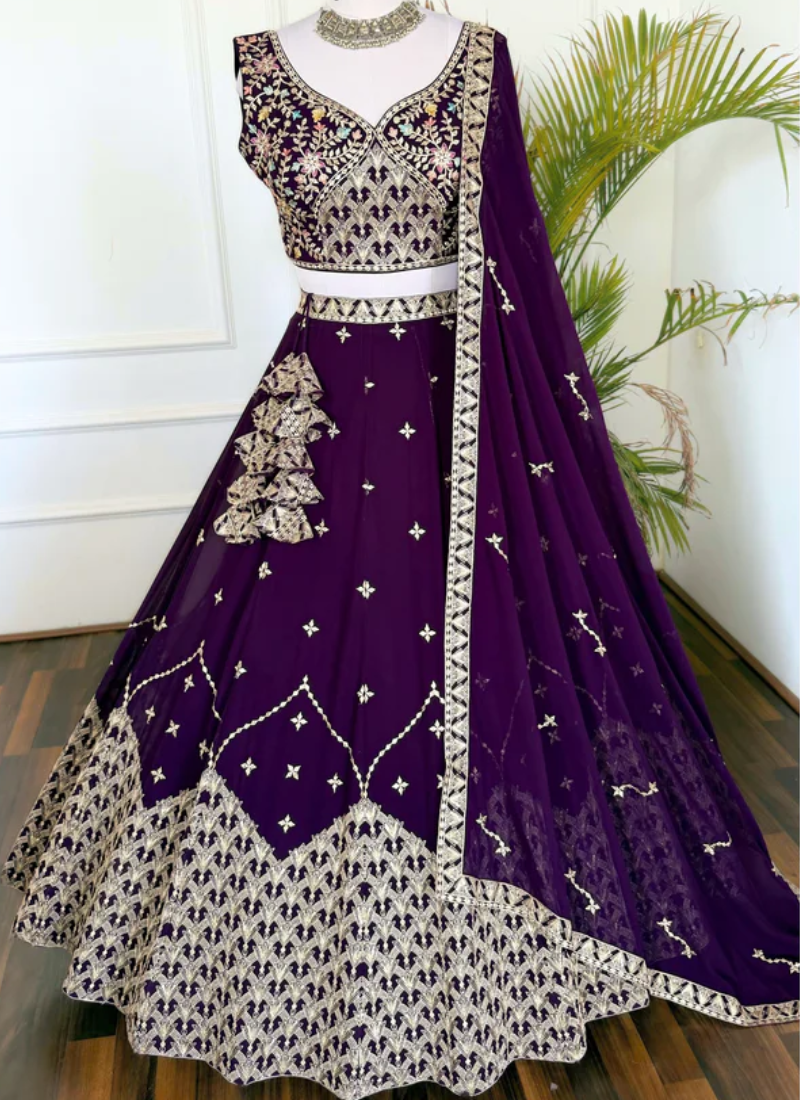 Appealing Sequence Embroidered Georgette Purple Lehenga Choli