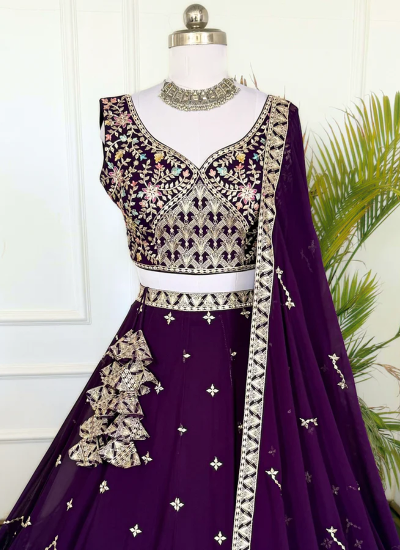 Appealing Sequence Embroidered Georgette Purple Lehenga Choli
