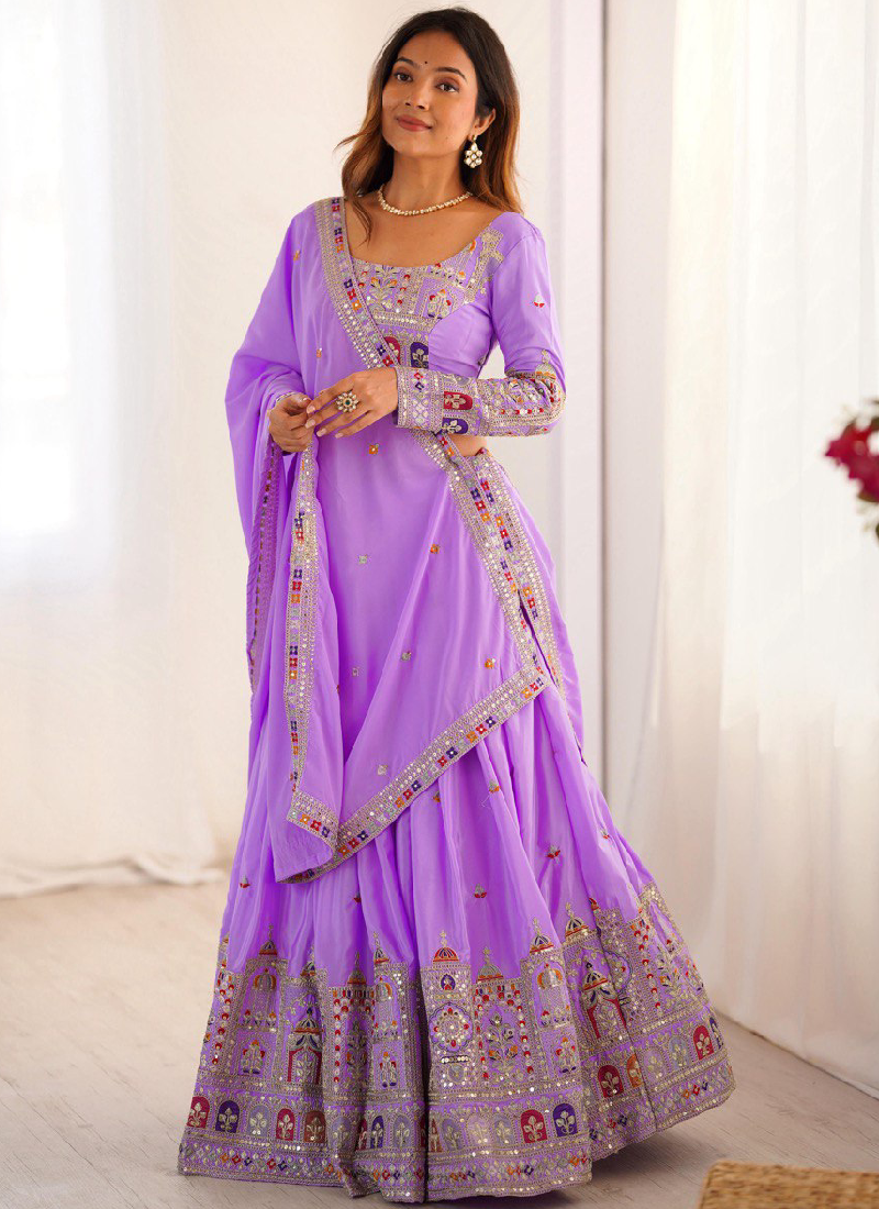 Appealing Sequence Embroidered Lavender Crepe Silk Lehenga Choli