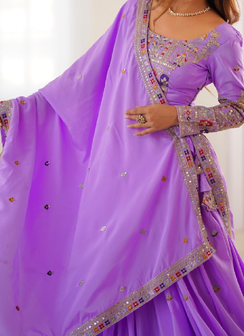 Appealing Sequence Embroidered Lavender Crepe Silk Lehenga Choli
