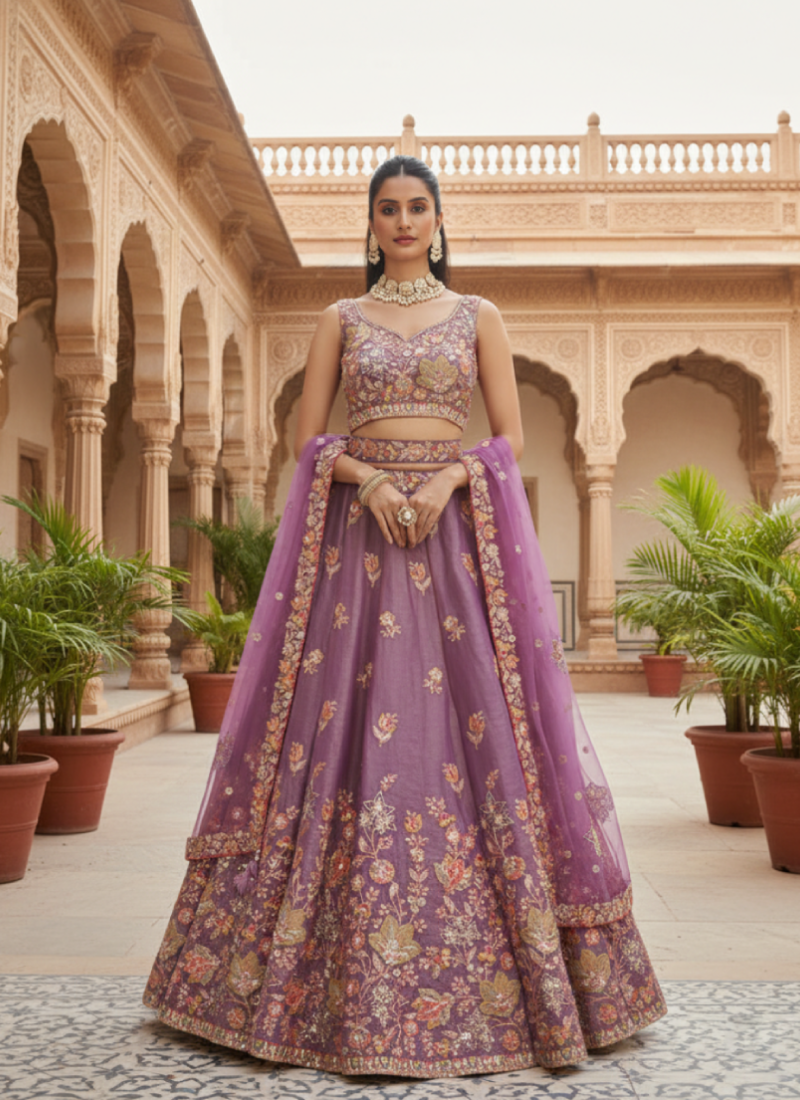 Appealing Sequence Embroidered Lavender Organza Lehenga Choli