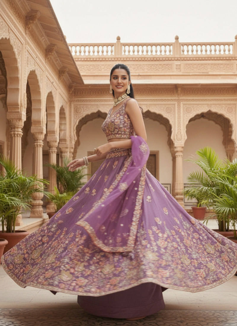 Appealing Sequence Embroidered Lavender Organza Lehenga Choli