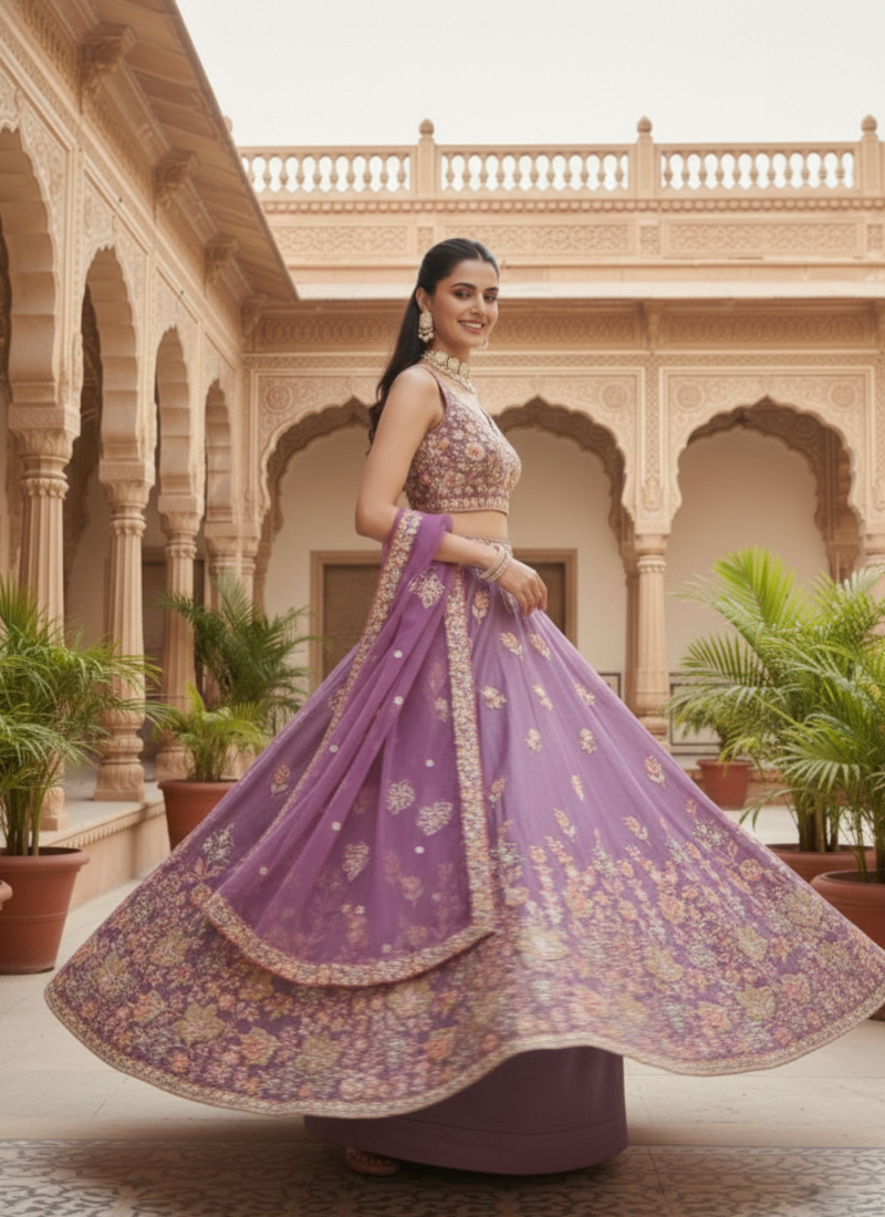 Appealing Sequence Embroidered Lavender Organza Lehenga Choli
