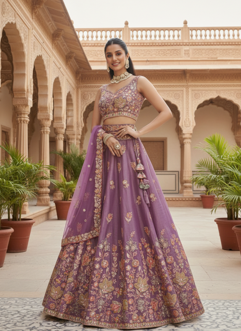 Appealing Sequence Embroidered Lavender Organza Lehenga Choli