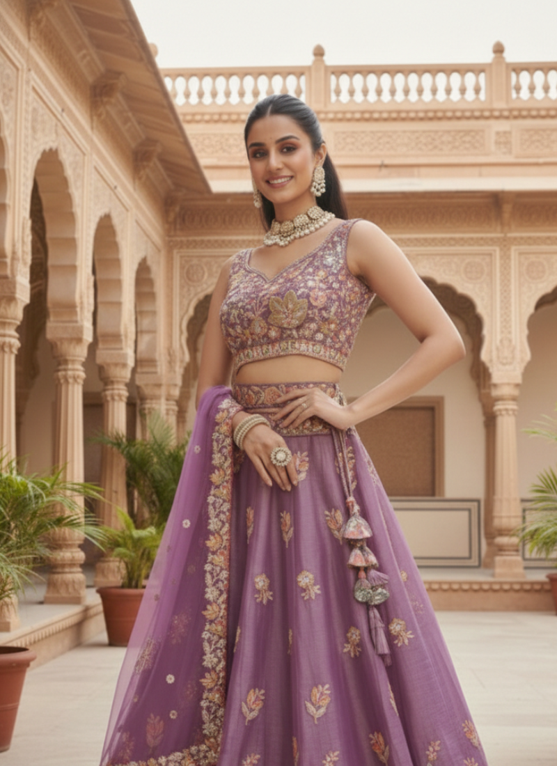 Appealing Sequence Embroidered Lavender Organza Lehenga Choli