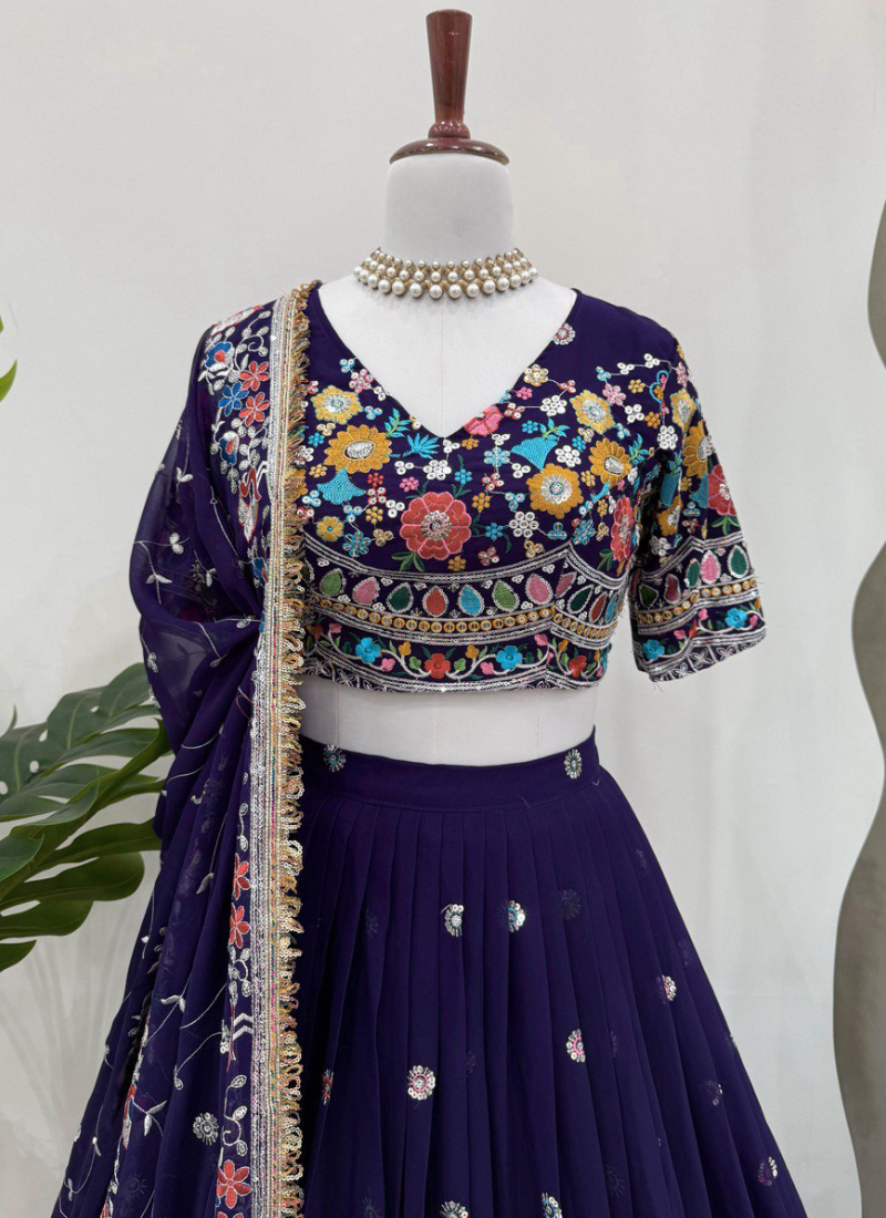 Appetizing Georgette Thread Embroidered Purple Lehenga Choli For Women