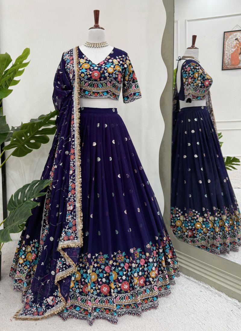 Appetizing Georgette Thread Embroidered Purple Lehenga Choli For Women