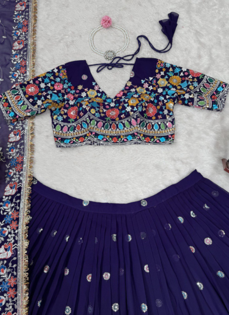 Appetizing Georgette Thread Embroidered Purple Lehenga Choli For Women