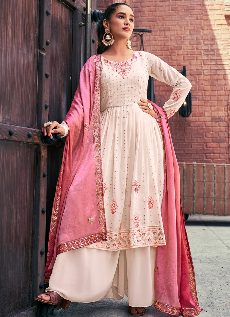 Aristocratic Beige Sequence Embroidered Georgette Palazzo Suit