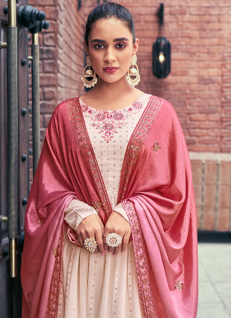 Aristocratic Beige Sequence Embroidered Georgette Palazzo Suit