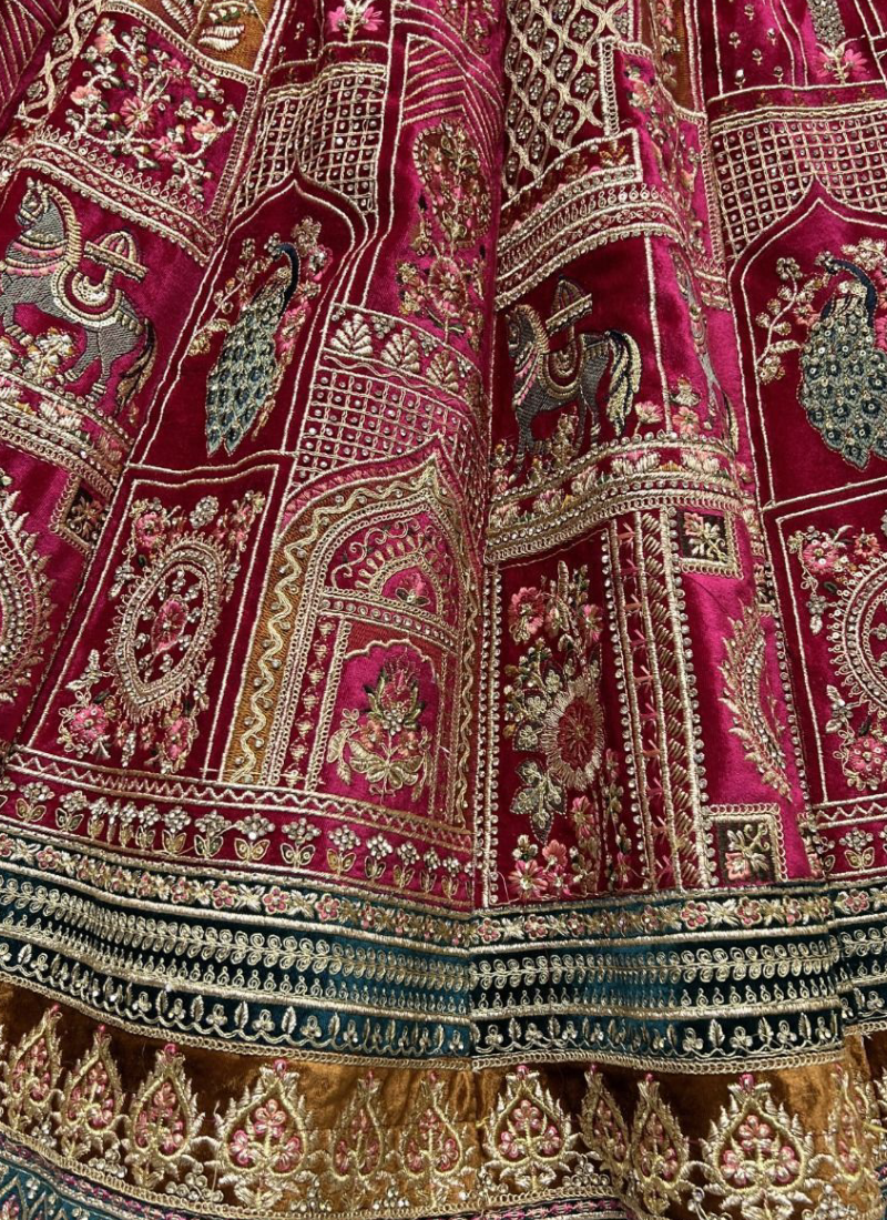 Aristocratic Fancy Embroidered Pink Velvet Bridal Lehenga Choli