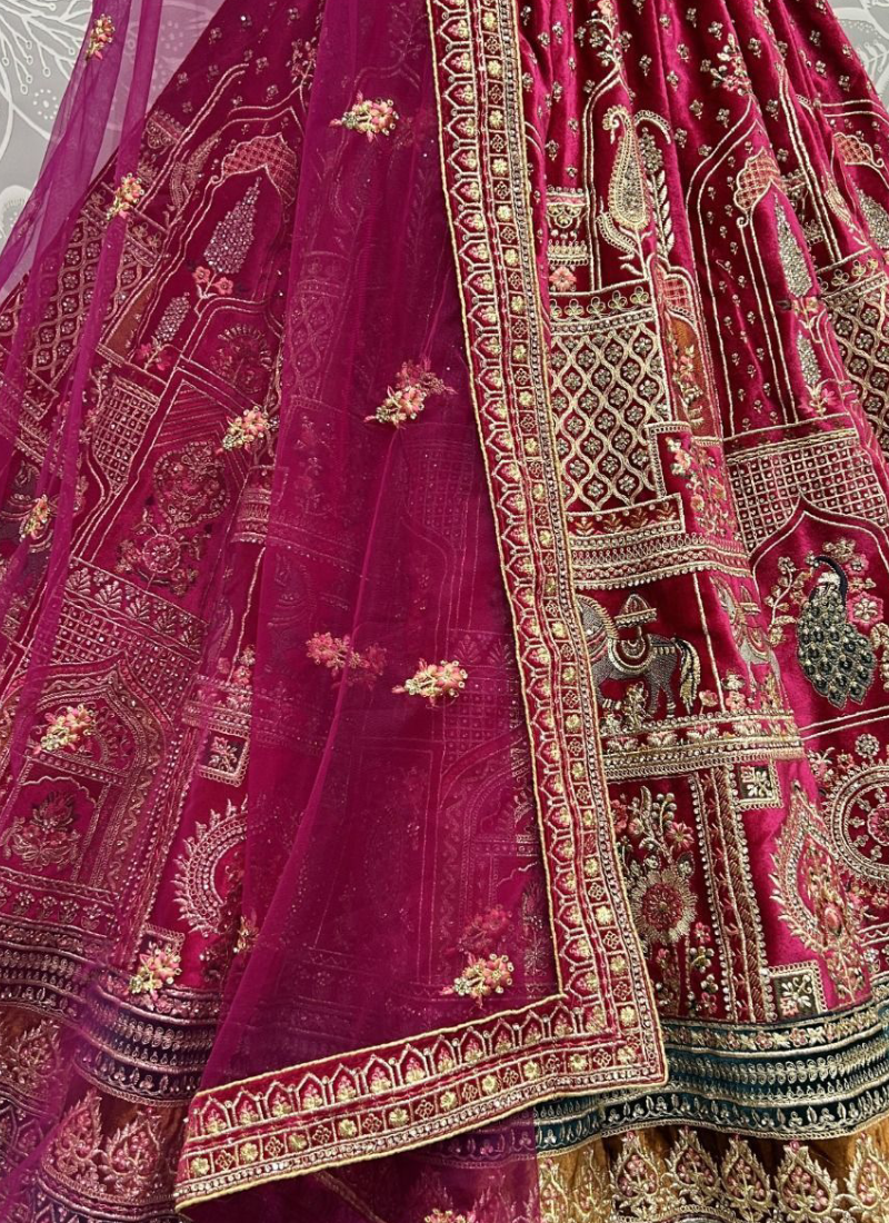 Aristocratic Fancy Embroidered Pink Velvet Bridal Lehenga Choli