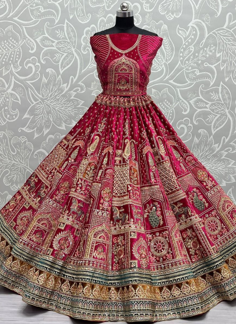 Aristocratic Fancy Embroidered Pink Velvet Bridal Lehenga Choli