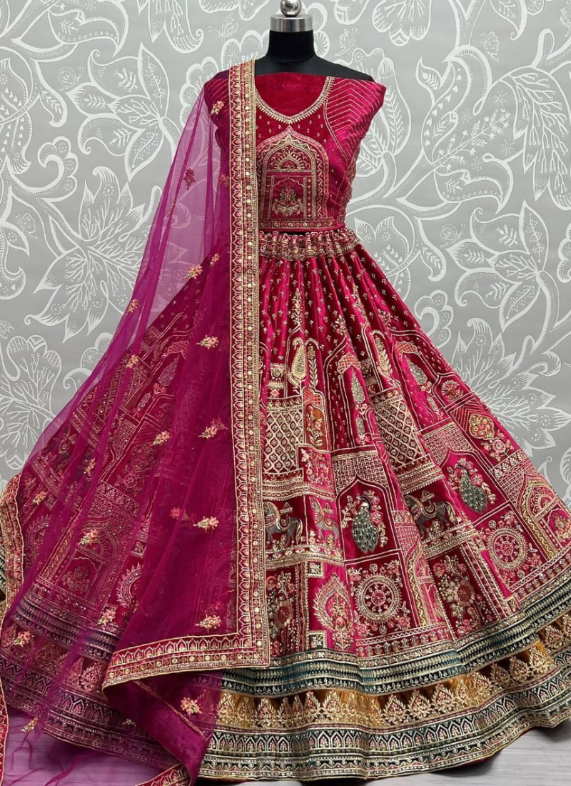 Aristocratic Fancy Embroidered Pink Velvet Bridal Lehenga Choli