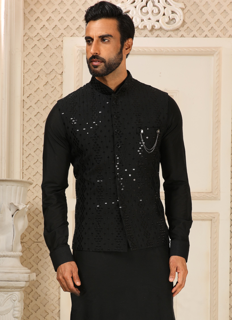 Art Silk Black Kurta Payjama With Embroidery Work Mens Jacket