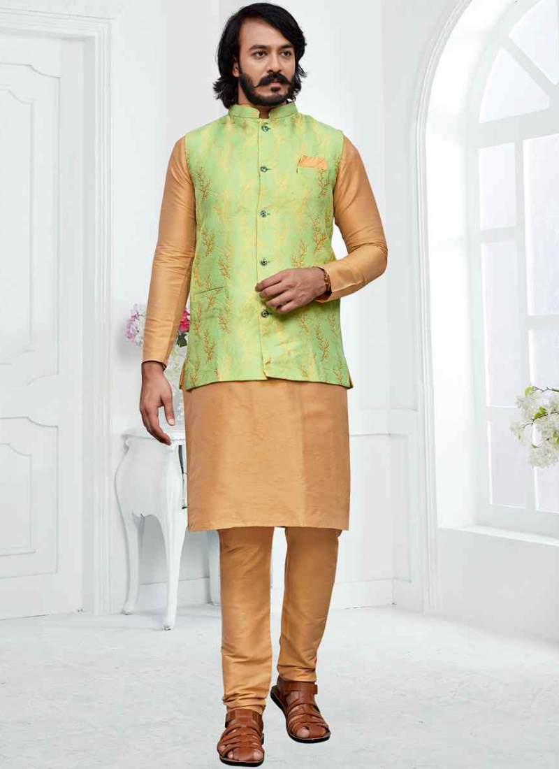 Art Silk Cream Plain Kurta With Green Bandhgala Jacket