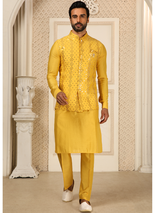 Art Silk Embroidered Yellow Color Haldi Special Mens Koti Kurta