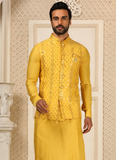 Art Silk Embroidered Yellow Color Haldi Special Mens Koti Kurta