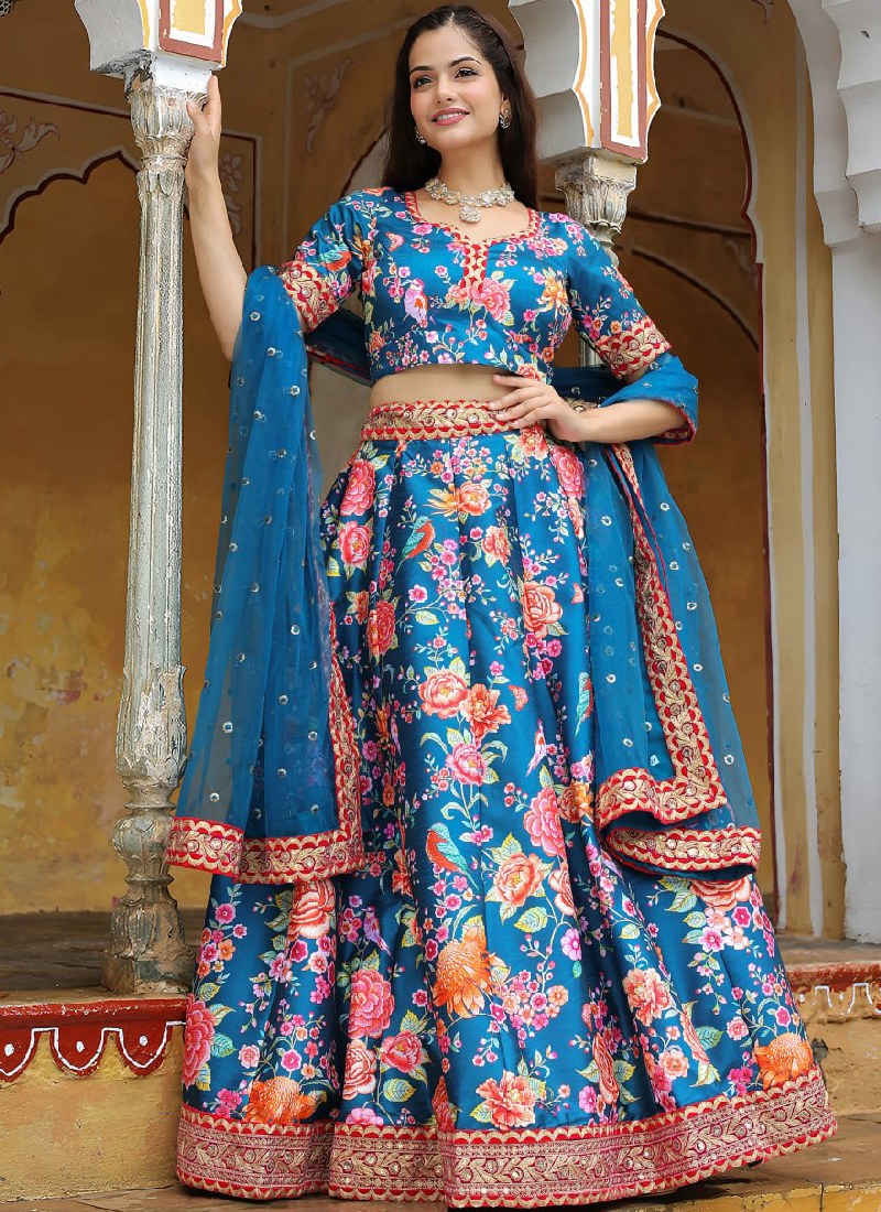 Art Silk Floral Printed Sequence Embroidered Work Blue Lehenga Choli
