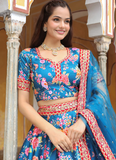 Art Silk Floral Printed Sequence Embroidered Work Blue Lehenga Choli