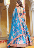 Art Silk Floral Printed Sequence Embroidered Work Blue Lehenga Choli